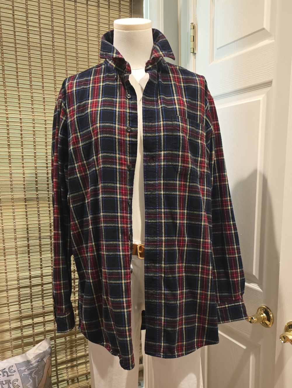 L.L. Bean Men's Black and Red Plaid Lightweight Flannel Shirt